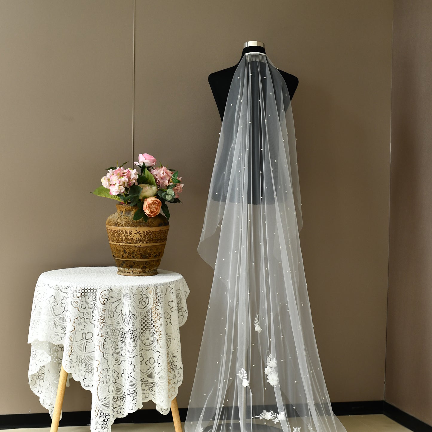 BRIDELLA BV52 Romantic Waltz Length 3D Floral Veil White Single-Layer Mesh with Comb