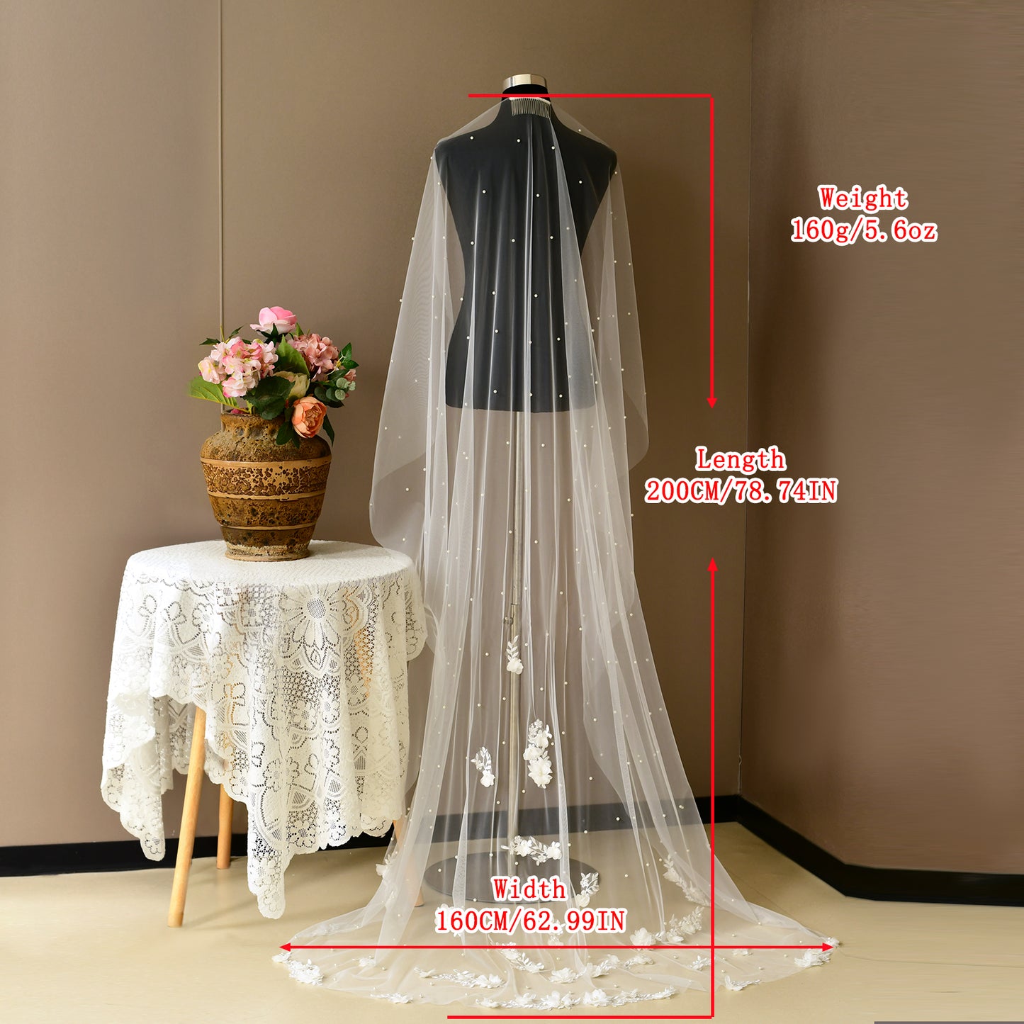 BRIDELLA BV52 Romantic Waltz Length 3D Floral Veil White Single-Layer Mesh with Comb
