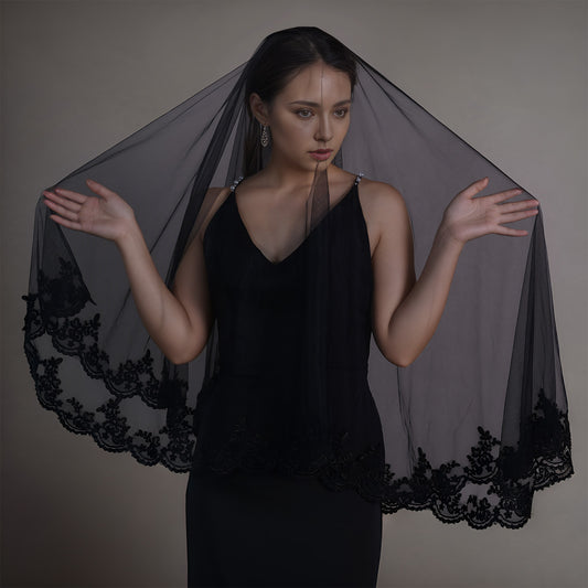 BRIDELLA BV65 Gothic Black Single Layer Mesh Veil Comb Free Lace Edge Wedding Hijab Role Play Props