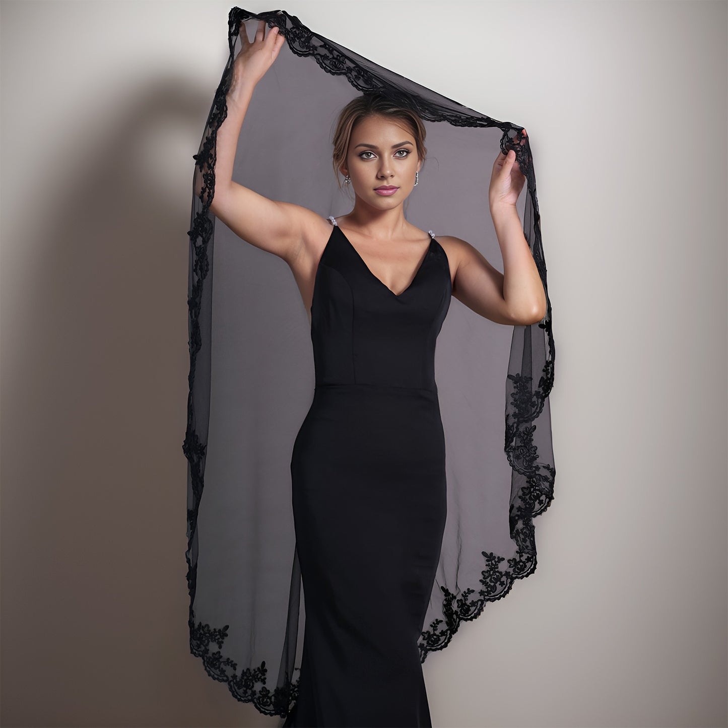 BRIDELLA BV65 Gothic Black Single Layer Mesh Veil Comb Free Lace Edge Wedding Hijab Role Play Props