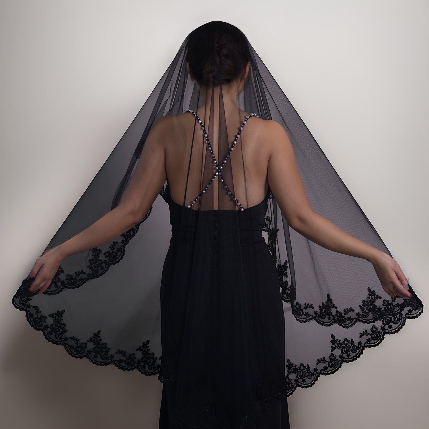 BRIDELLA BV65 Gothic Black Single Layer Mesh Veil Comb Free Lace Edge Wedding Hijab Role Play Props