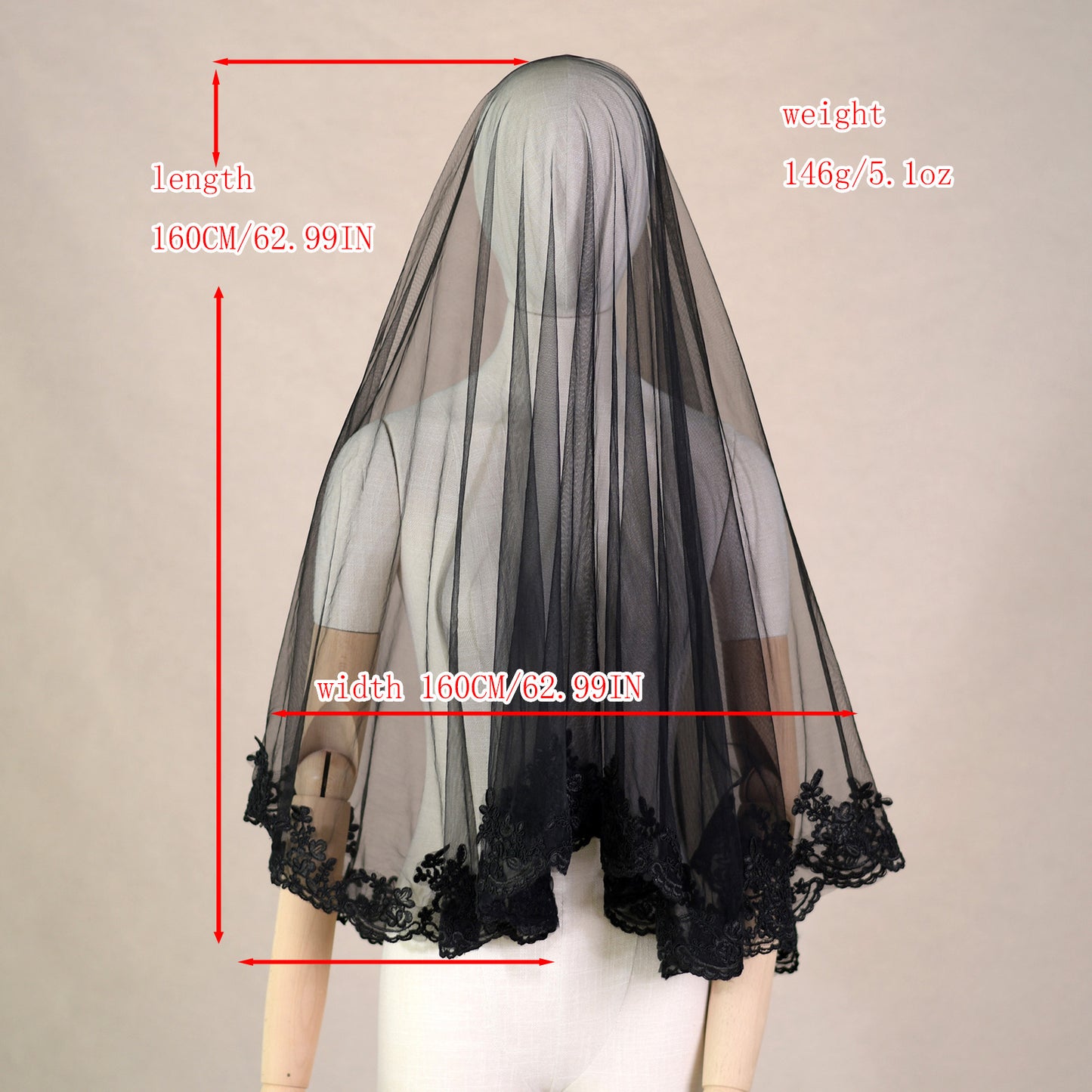 BRIDELLA BV65 Gothic Black Single Layer Mesh Veil Comb Free Lace Edge Wedding Hijab Role Play Props