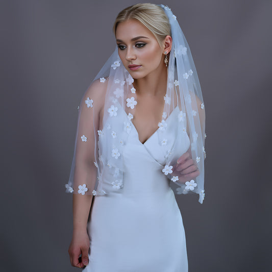 BRIDELLA BV80 Single-Layer Flower Decoration Bridal Wedding Veil Short Elbow-Length Light And Thin With Hair Comb Veil