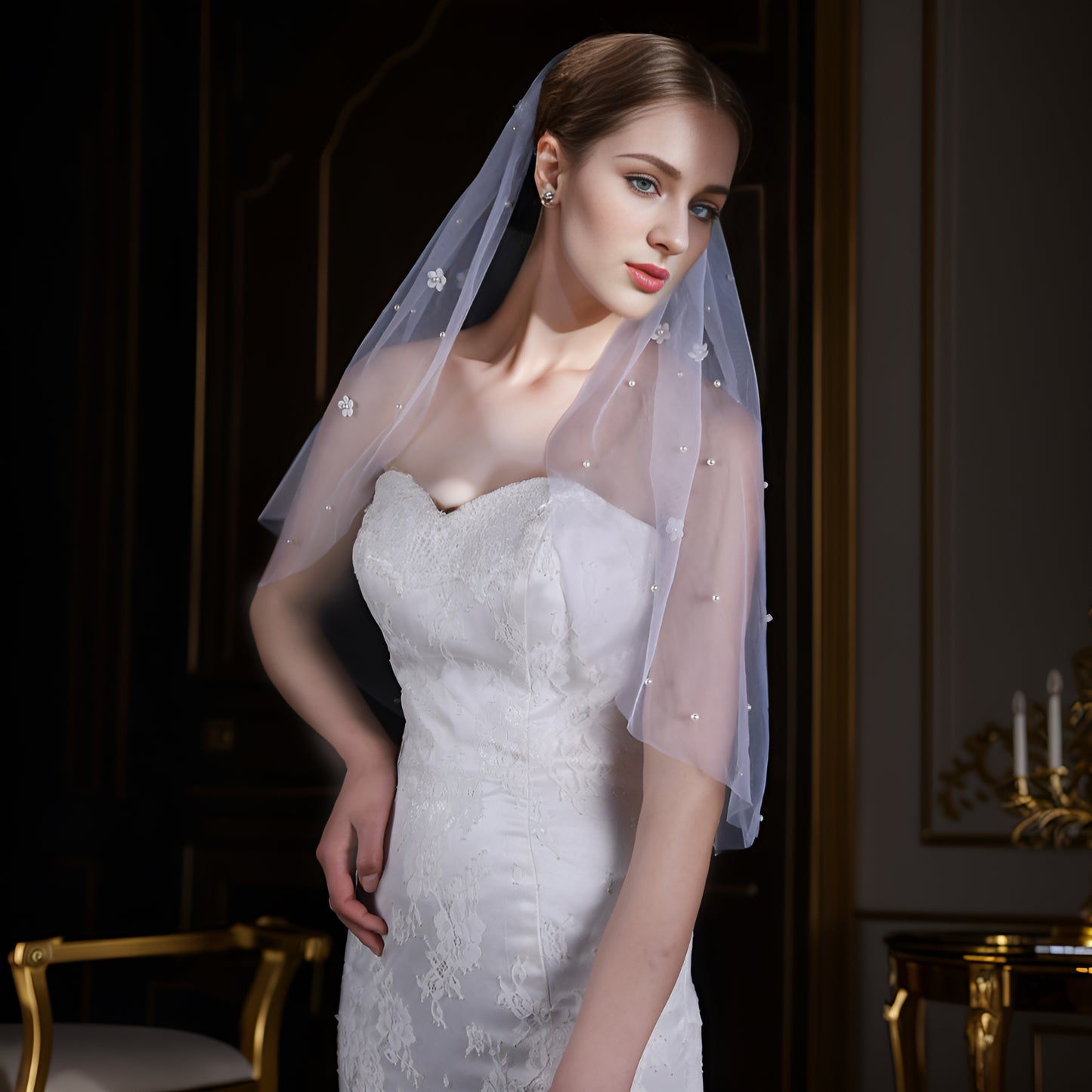 BRIDELLA BV83 Romantic White Bridal Veil With Elbow-Length Single Layer Featuring Comb And Pearl Flower Details