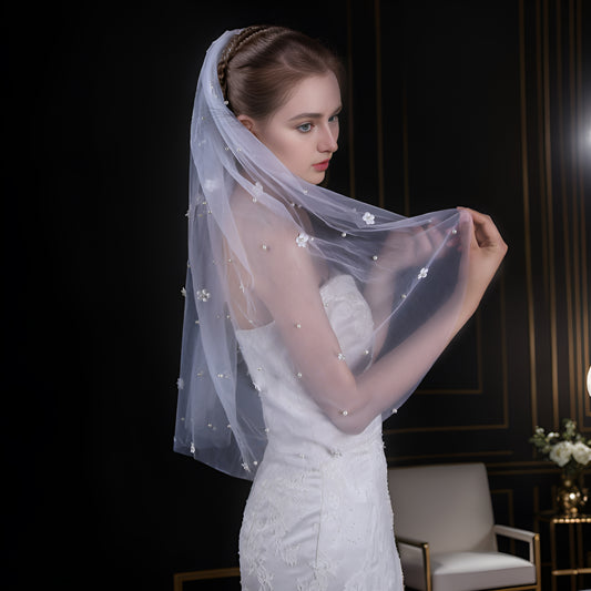 BRIDELLA BV83 Romantic White Bridal Veil With Elbow-Length Single Layer Featuring Comb And Pearl Flower Details