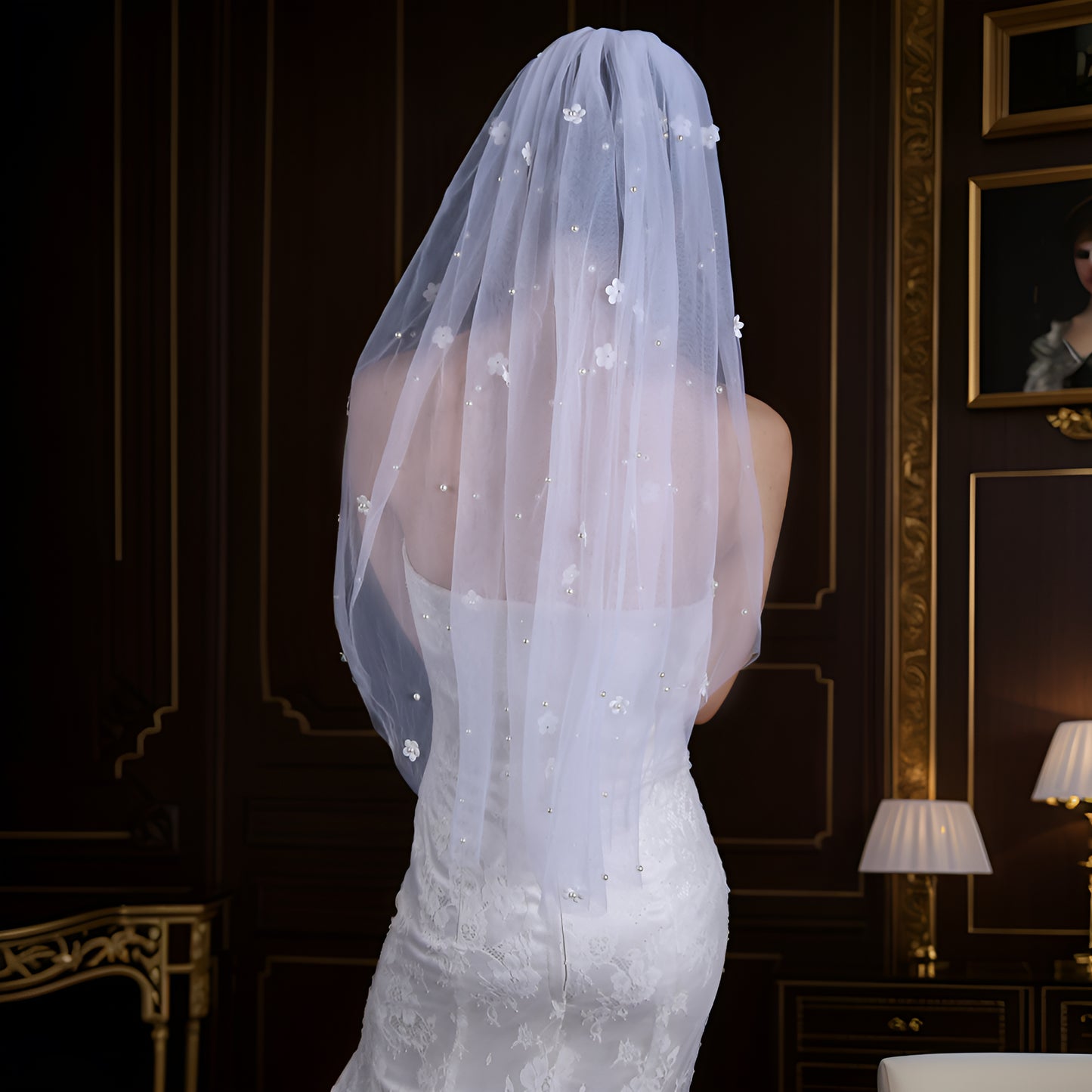 BRIDELLA BV83 Romantic White Bridal Veil With Elbow-Length Single Layer Featuring Comb And Pearl Flower Details