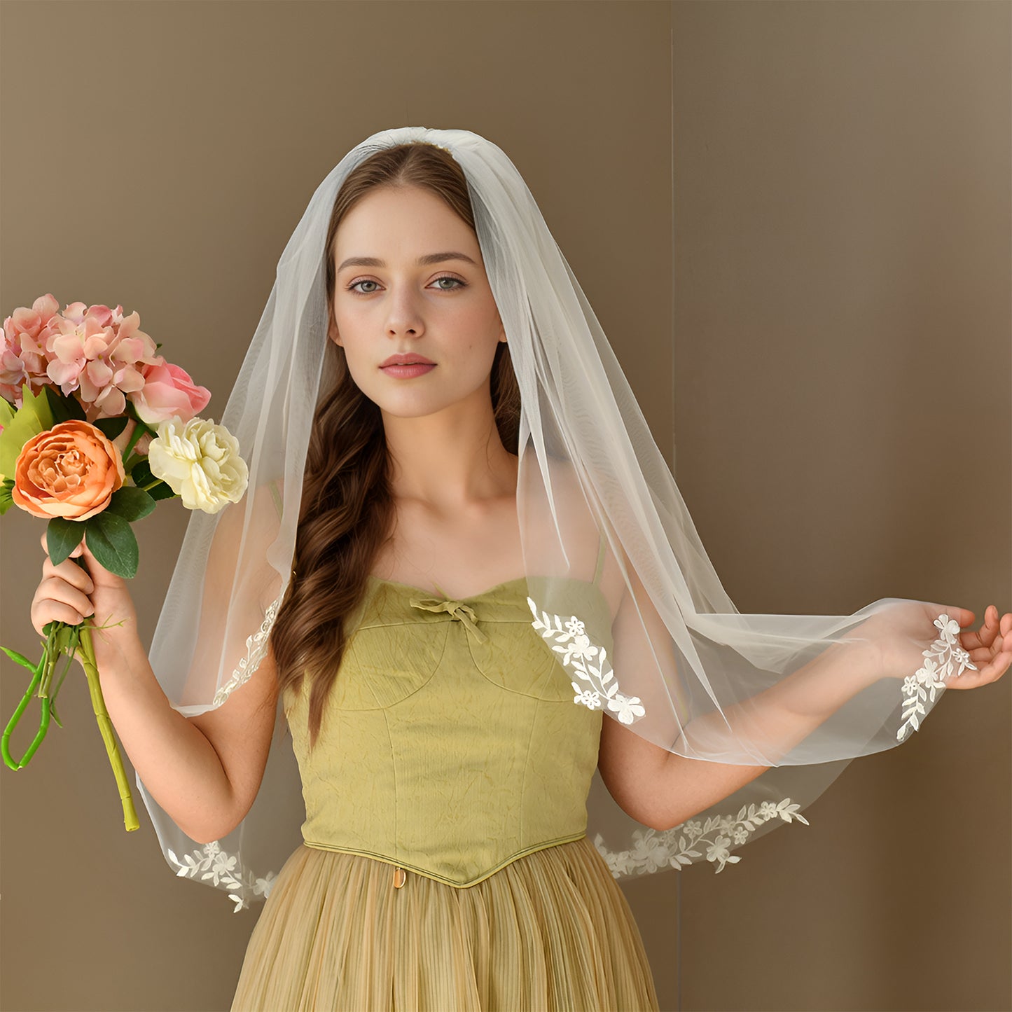 BRIDELLA BV104 Simple Single-Layer Embroidered Plant Shape Decoration Elbow-Length Bridal Wedding Veil With Comb