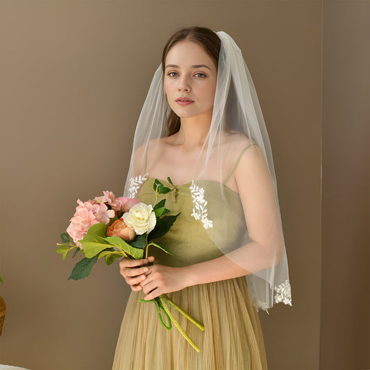 BRIDELLA BV104 Simple Single-Layer Embroidered Plant Shape Decoration Elbow-Length Bridal Wedding Veil With Comb