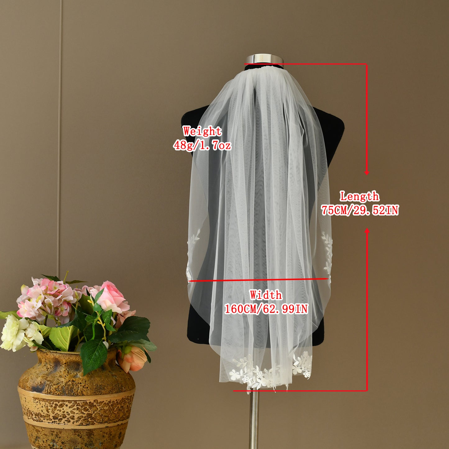 BRIDELLA BV104 Simple Single-Layer Embroidered Plant Shape Decoration Elbow-Length Bridal Wedding Veil With Comb