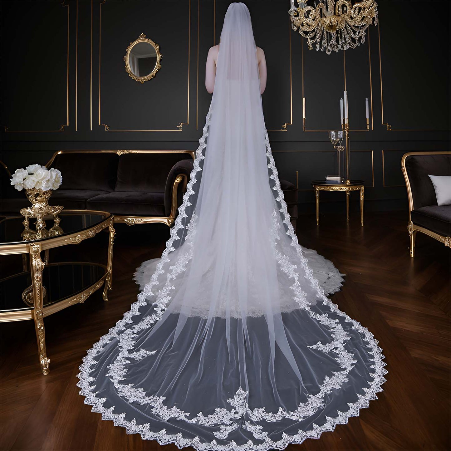 BRIDELLA BV110 Gorgeous Royal Wedding Cathedral Trailing Veil Single Layer No Blush Floral Embroidery Veil