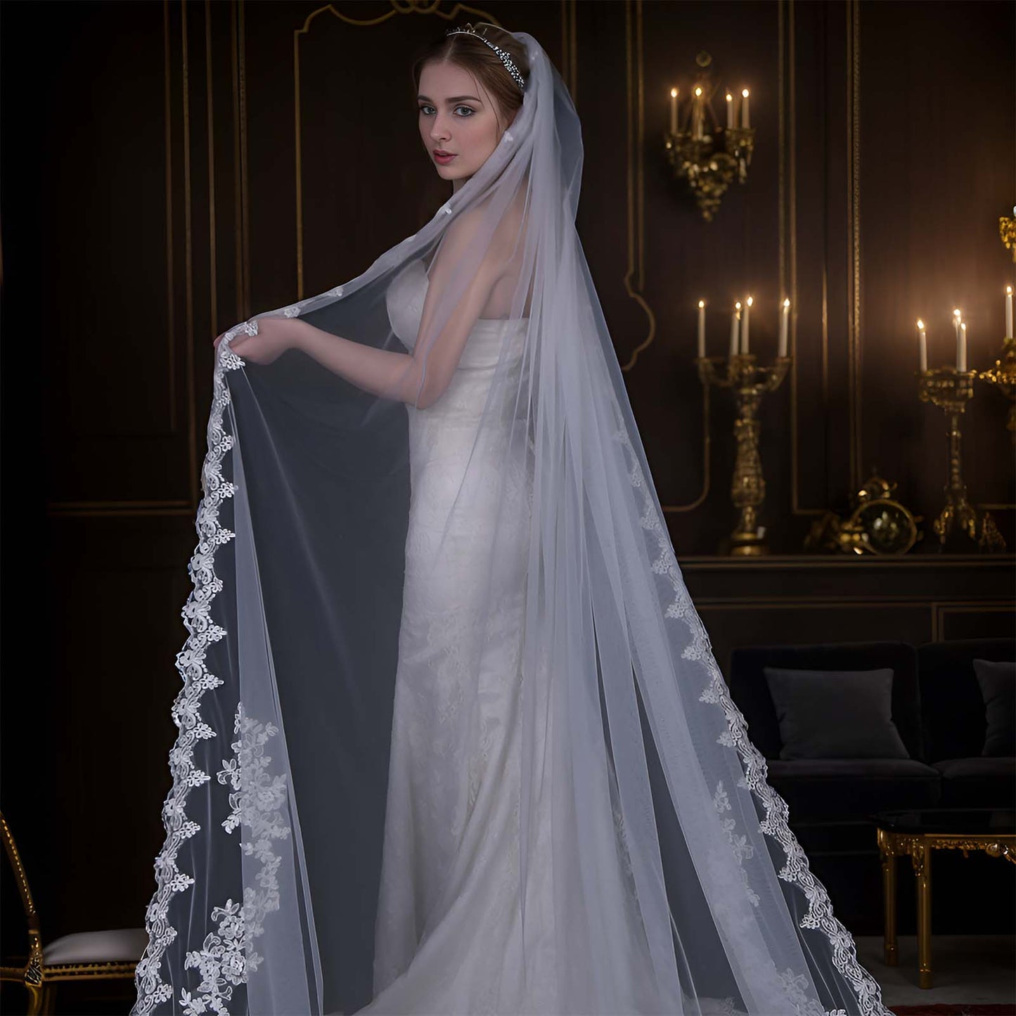 BRIDELLA BV110 Gorgeous Royal Wedding Cathedral Trailing Veil Single Layer No Blush Floral Embroidery Veil