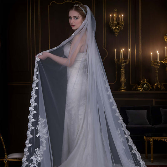 BRIDELLA BV110 Gorgeous Royal Wedding Cathedral Trailing Veil Single Layer No Blush Floral Embroidery Veil