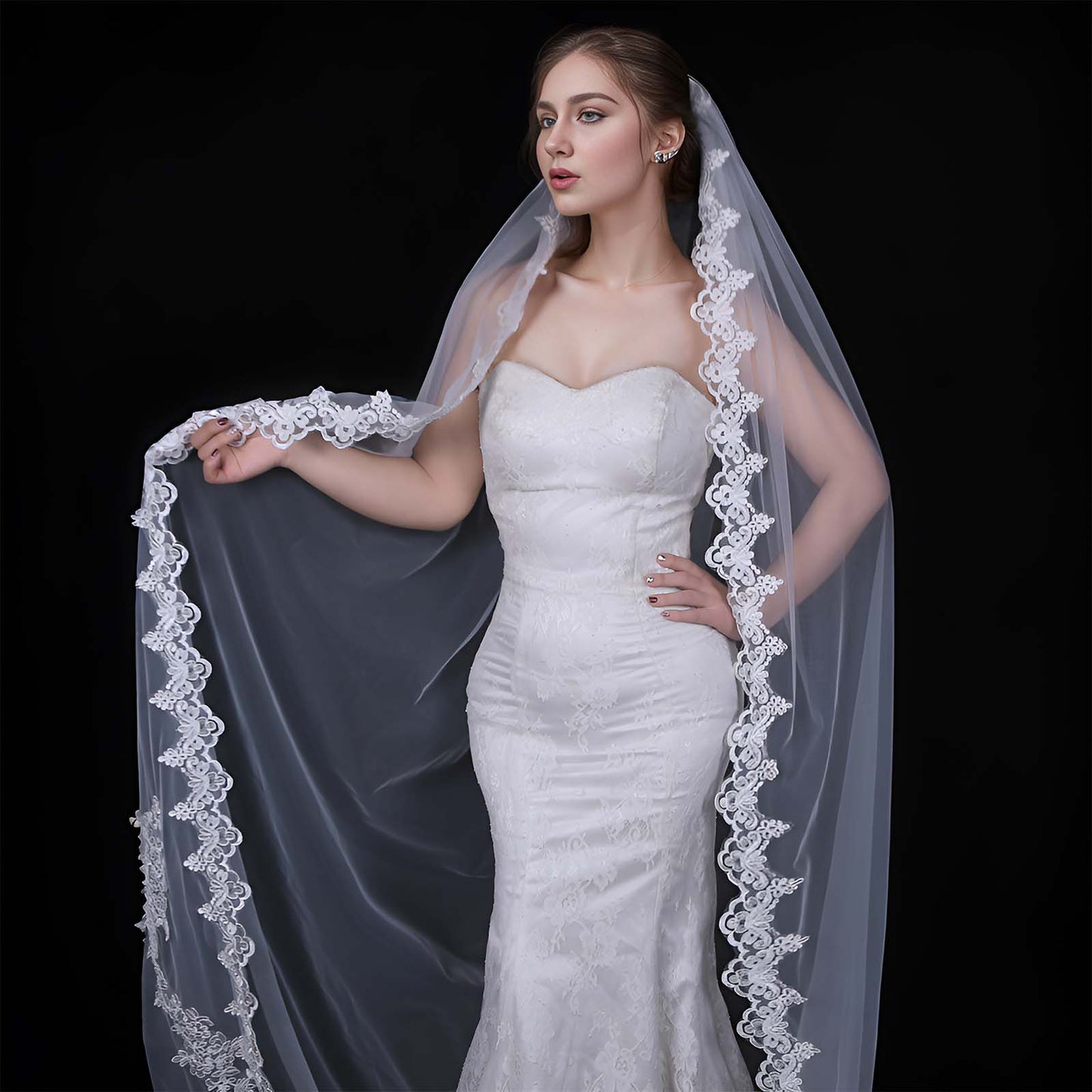 BRIDELLA BV110 Gorgeous Royal Wedding Cathedral Trailing Veil Single Layer No Blush Floral Embroidery Veil