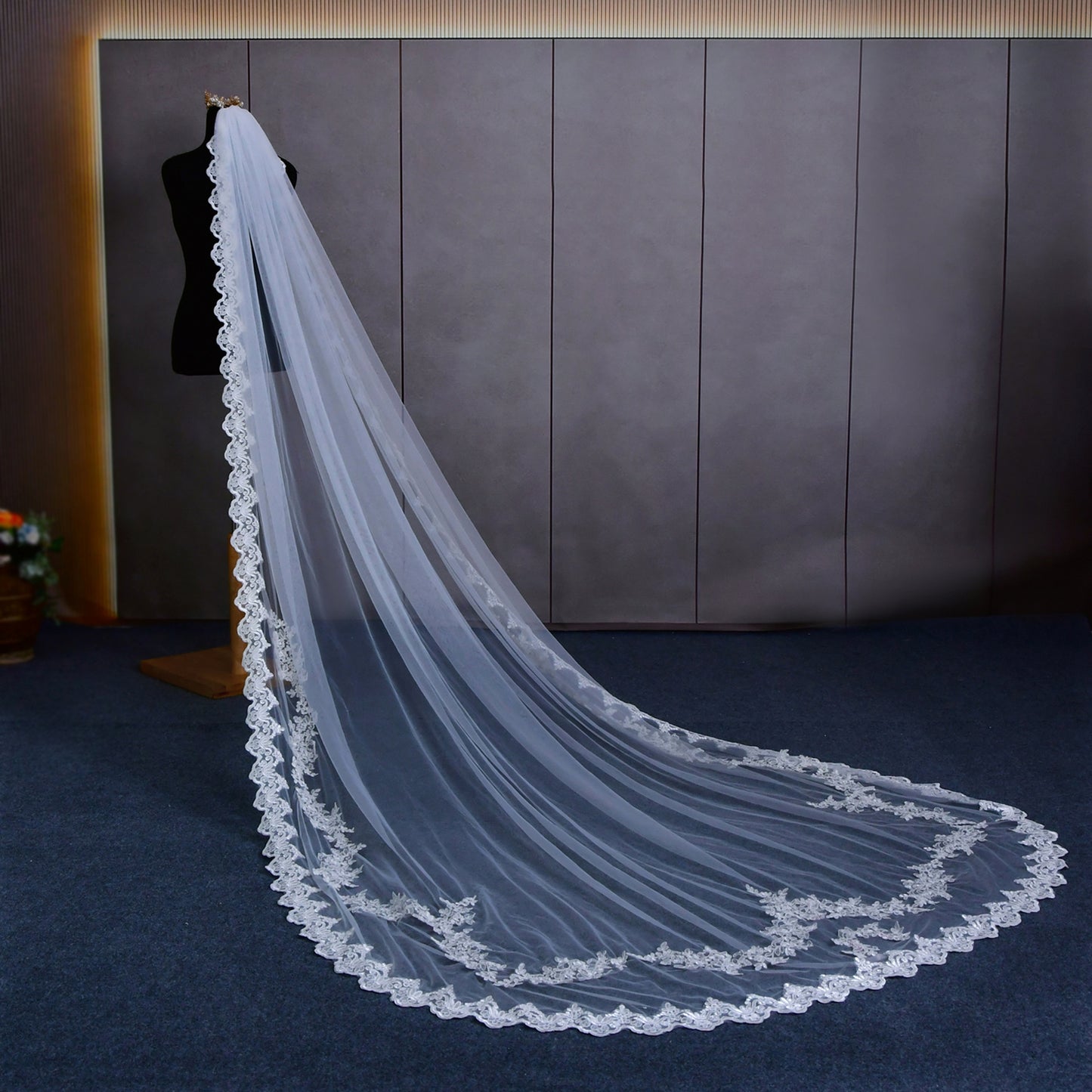 BRIDELLA BV110 Gorgeous Royal Wedding Cathedral Trailing Veil Single Layer No Blush Floral Embroidery Veil