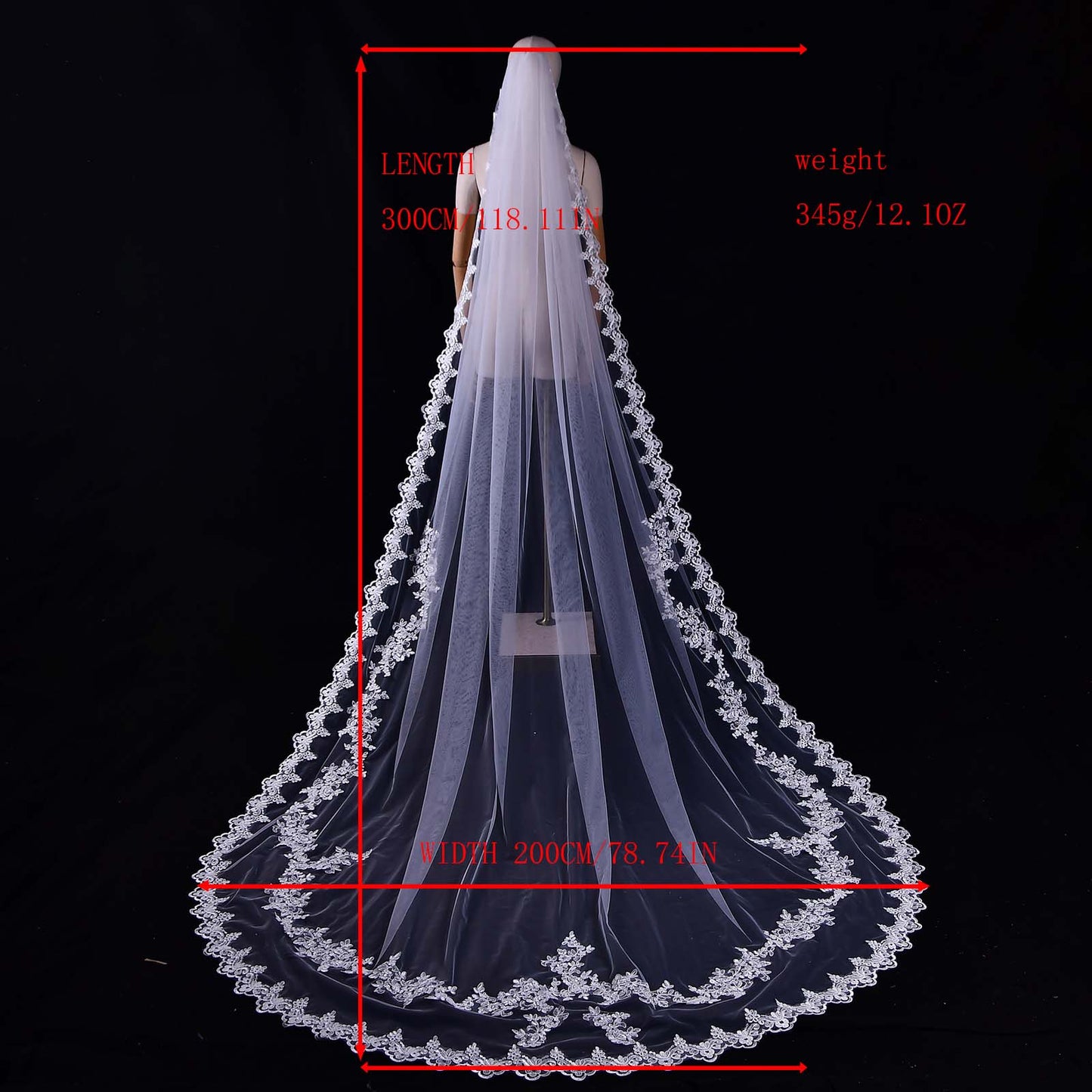 BRIDELLA BV110 Gorgeous Royal Wedding Cathedral Trailing Veil Single Layer No Blush Floral Embroidery Veil