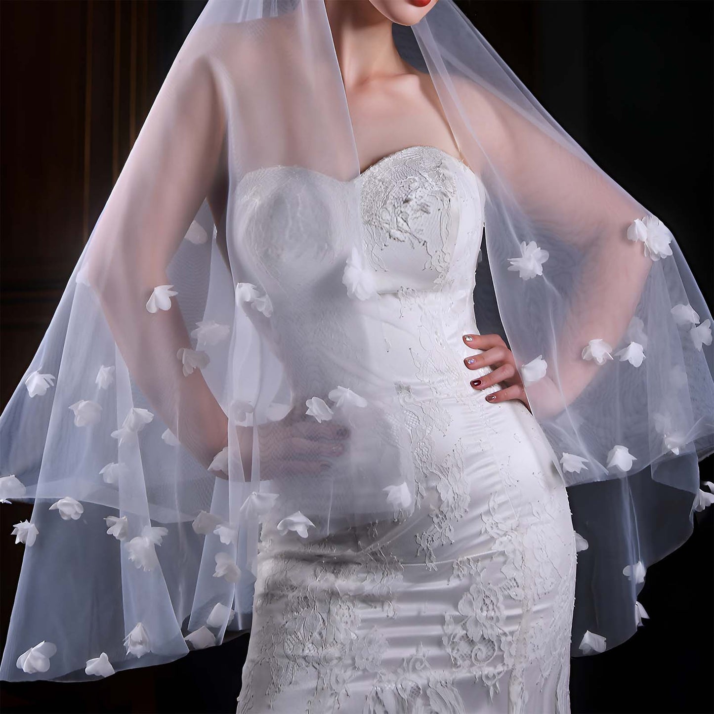 BRIDELLA BV111 Double Blusher Veil With 3D Organza Flower Embellishment For A Stylish Bridal Wedding Look
