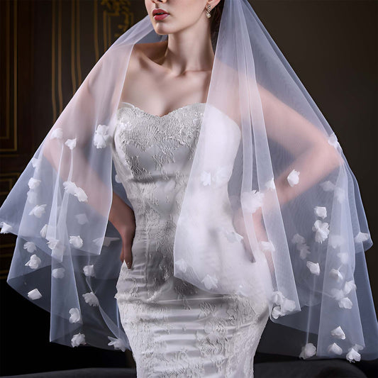 BRIDELLA BV111 Double Blusher Veil With 3D Organza Flower Embellishment For A Stylish Bridal Wedding Look