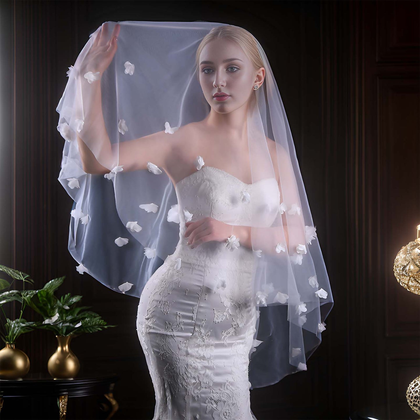 BRIDELLA BV111 Double Blusher Veil With 3D Organza Flower Embellishment For A Stylish Bridal Wedding Look