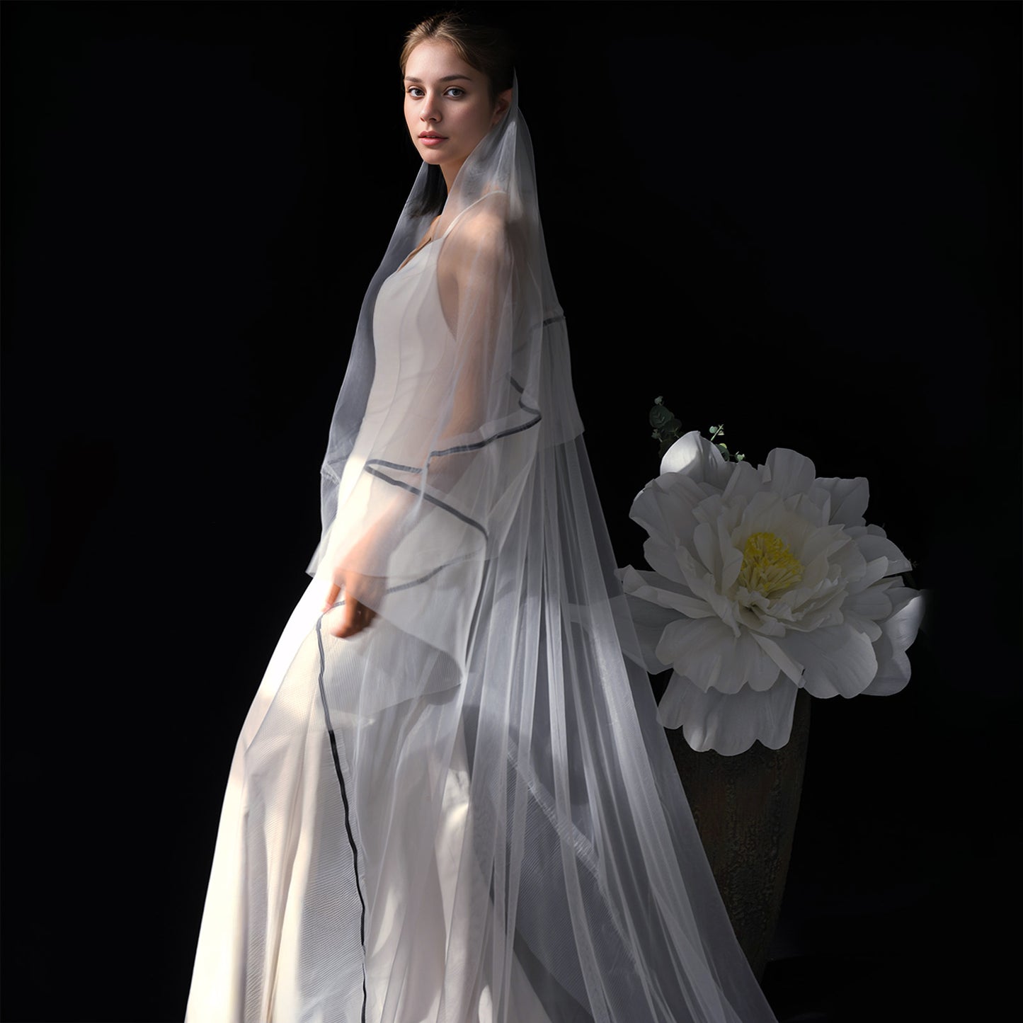 BRIDELLA BM148 1 Piece Long Trailing Bridal Veil With Comb Satin Line Decoration Simple And Versatile Suitable For Women's Wedding Dress Accessories