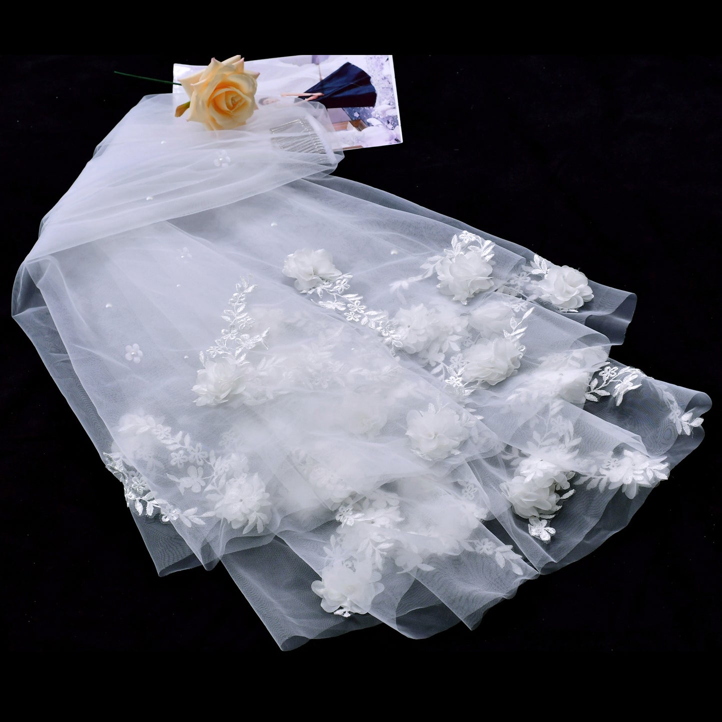BRIDELLA BV122 Double Layer Elegant 3D Lace Flower Decoration Bridal Wedding Veil With High Quality Comb Fastening