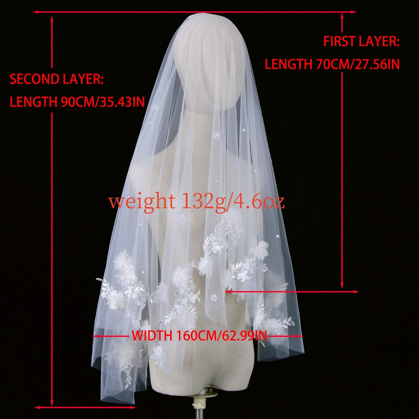 BRIDELLA BV122 Double Layer Elegant 3D Lace Flower Decoration Bridal Wedding Veil With High Quality Comb Fastening