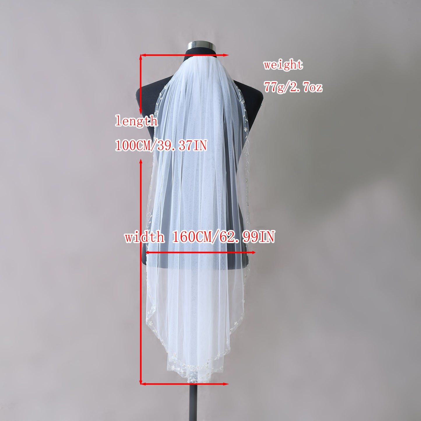 BRIDELLA BV127 Graceful Fingertip Length Bridal Veil One Layer with Bead Embellished Border