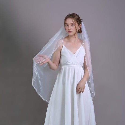 BRIDELLA BV127 Graceful Fingertip Length Bridal Veil One Layer with Bead Embellished Border