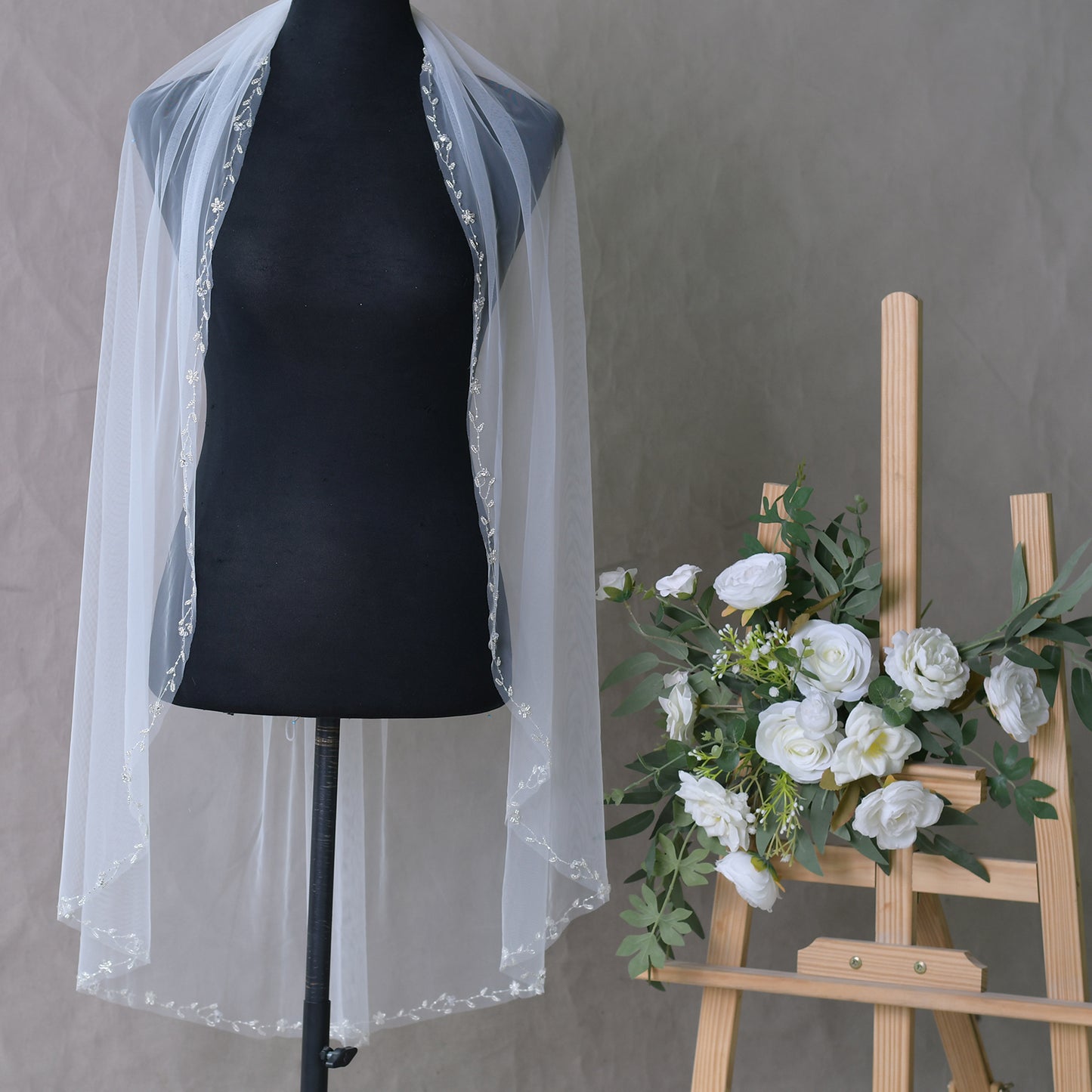 BRIDELLA BV127 Graceful Fingertip Length Bridal Veil One Layer with Bead Embellished Border