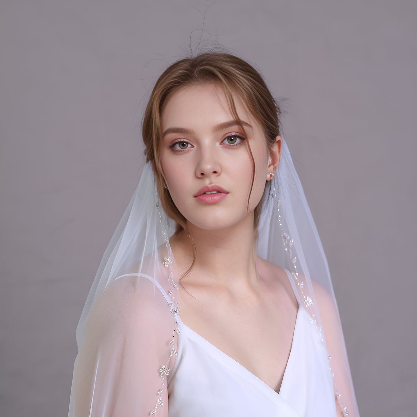 BRIDELLA BV127 Graceful Fingertip Length Bridal Veil One Layer with Bead Embellished Border