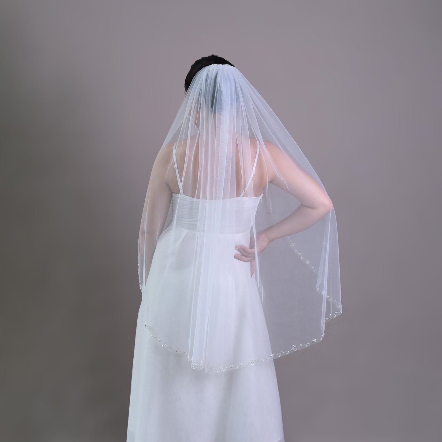 BRIDELLA BV127 Graceful Fingertip Length Bridal Veil One Layer with Bead Embellished Border