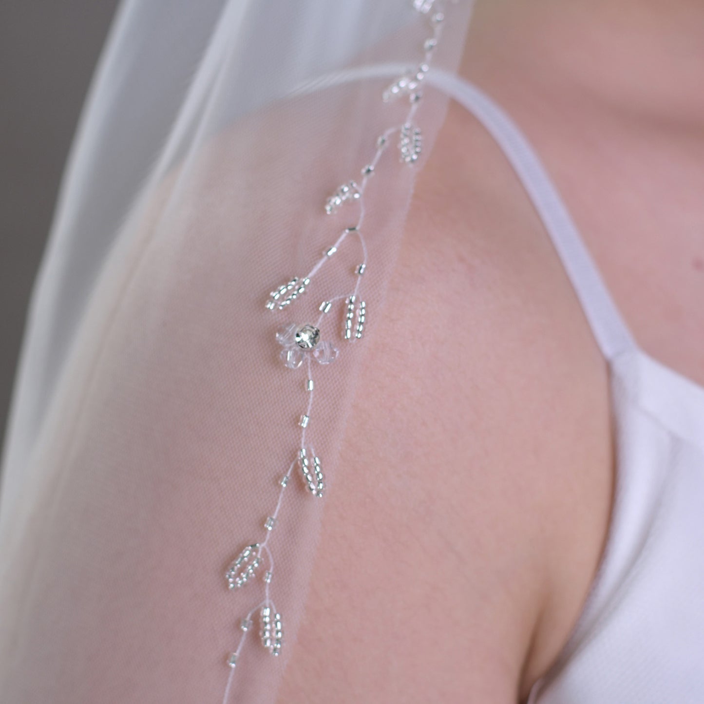 BRIDELLA BV127 Graceful Fingertip Length Bridal Veil One Layer with Bead Embellished Border