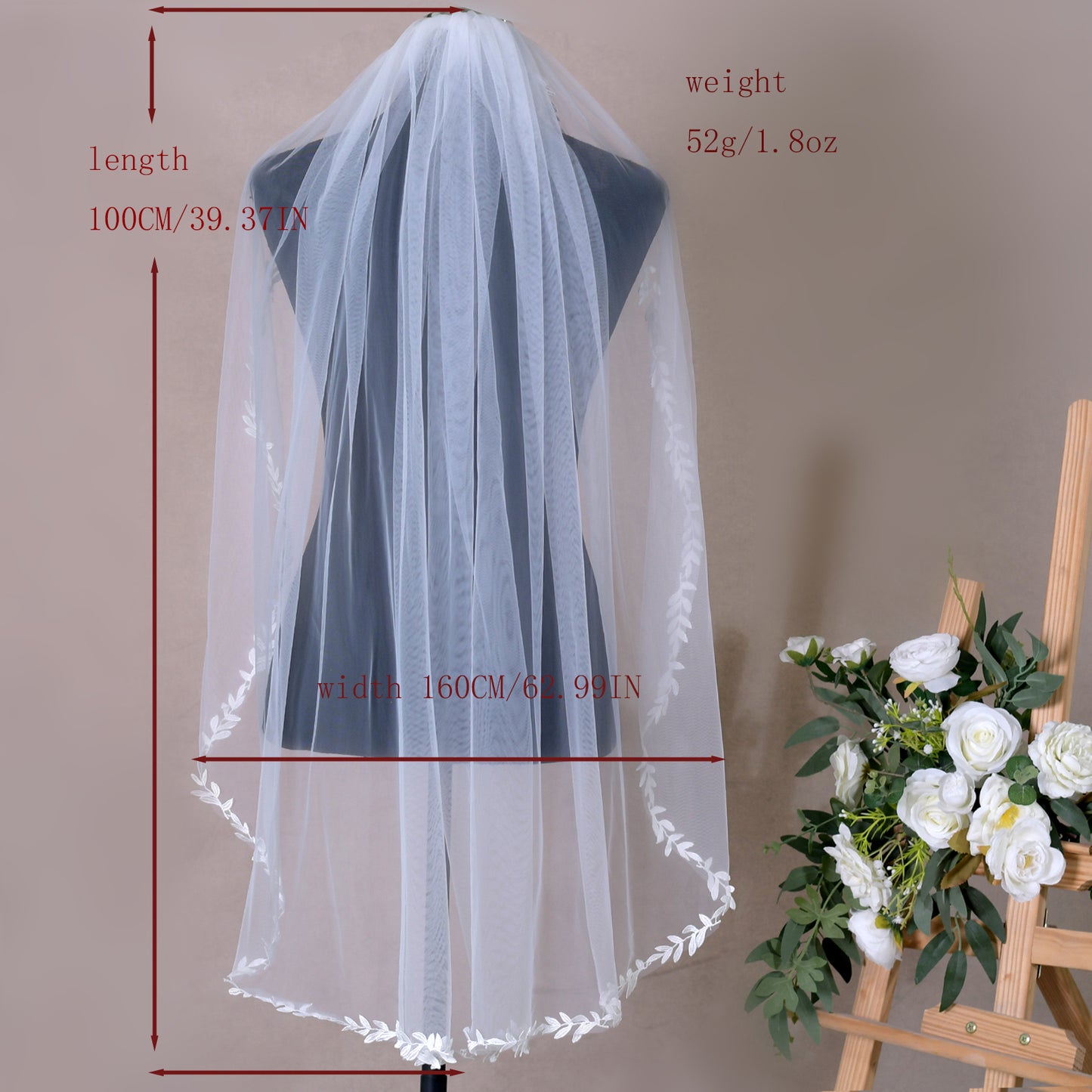 BRIDELLA BV129 Classic White Wedding Veil Single Layer Fingertip Length With Leaf Lace Embroidery Border Bridal Veil With Comb