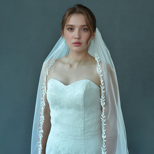 BRIDELLA BV142 Minimalist Bridal Veil With A Unique Scalloped Cut And Hand-Stitched Botanical Embroidery