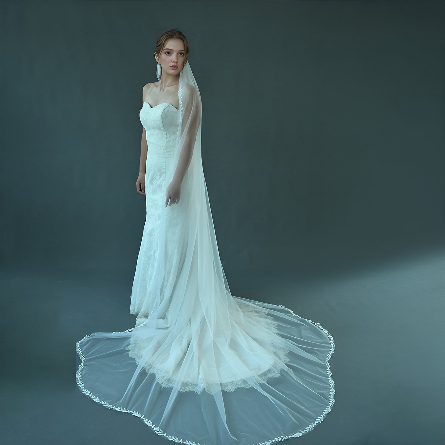 BRIDELLA BV142 Minimalist Bridal Veil With A Unique Scalloped Cut And Hand-Stitched Botanical Embroidery