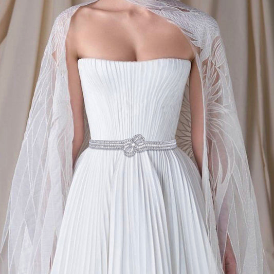 BRIDELLA BS54 Gorgeous Evening Gown With Silver Rhinestone Waist Encrypted Bow Pearl Belt