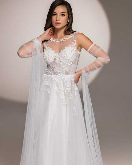 BRIDELLA BG07 Bridal Gloves White Mesh Over-Elbow Gloves Extra-Long Floor-Length Shawl Gloves