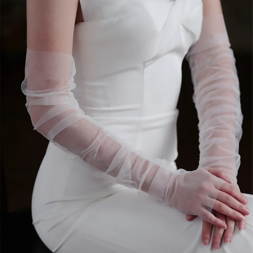 BRIDELLA BG25 Bridal Gloves White Tulle Long Wedding Gloves Comfortable And Transparent Women's Gloves The Elegant First Choice For Formal Occasions