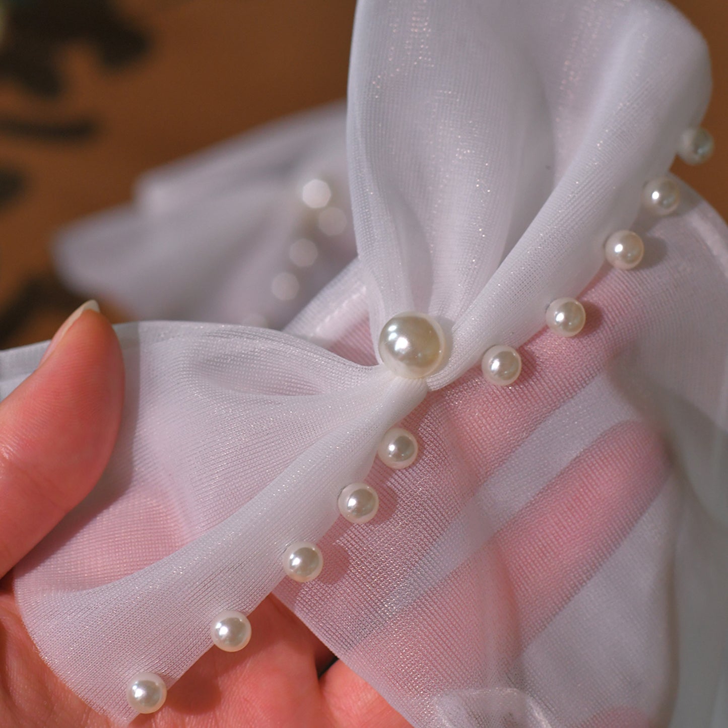 BRIDELLA BG37 Bridal Gloves White Bow Pearl Gloves Short Mesh Wedding Gloves