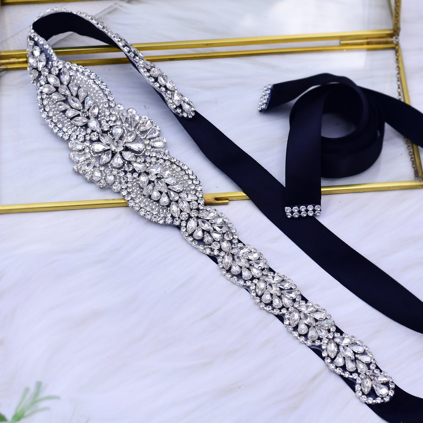 BRIDELLA  BS02 Silver Glass Diamond Wedding Belt  Dress Accessories