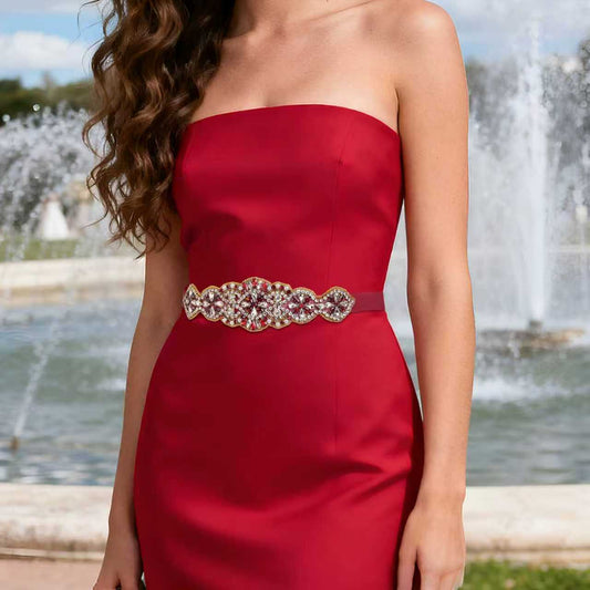 BRIDELLA BS94R Ladies Formal Dress With Wine Red Waistband And Waist Accessories Inlaid With Rhinestones Shining Brightly