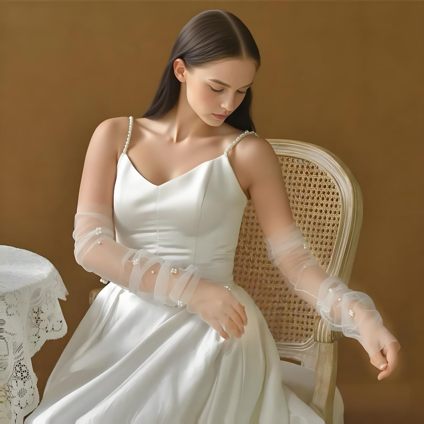 BRIDELLA BG35 Bridal Gloves Long Transparent Mesh Pearl Gloves Exquisite Rhinestone Embellished Wedding Gloves