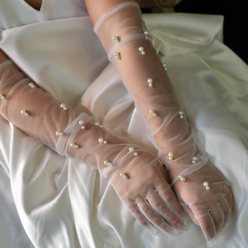 BRIDELLA BG44 Bridal Gloves Gourd Pearl Mesh Wedding Gloves Long Women's Gloves Wedding Dress Accessories Women's Gloves