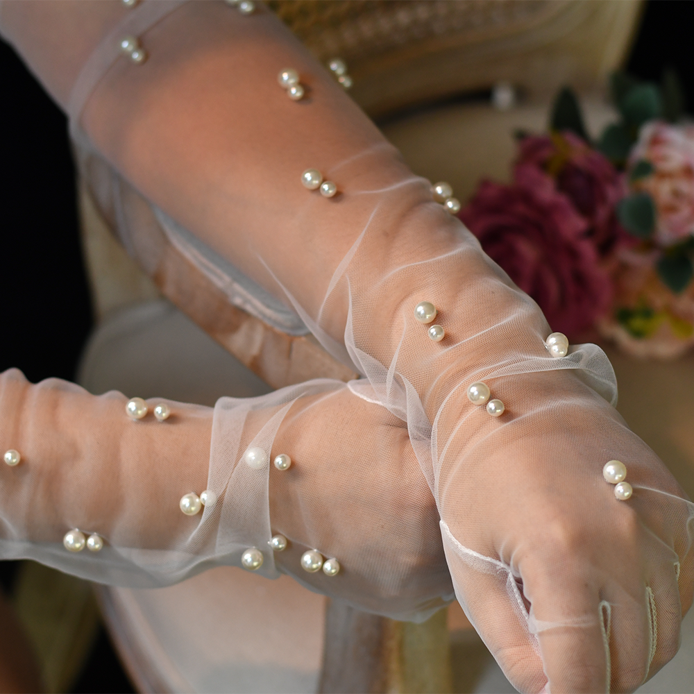 BRIDELLA BG44 Bridal Gloves Gourd Pearl Mesh Wedding Gloves Long Women's Gloves Wedding Dress Accessories Women's Gloves