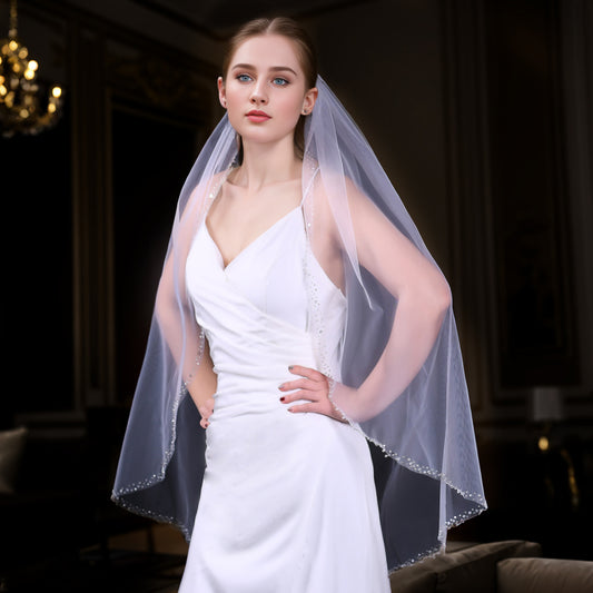 BRIDELLA BV128 Simple Single Layer Sparkling Sequin Bridal Veil Single Layer Transparent Mesh With Comb