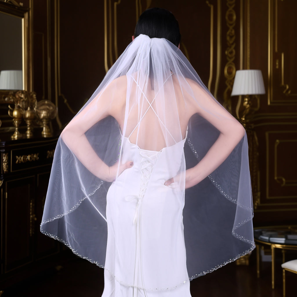 BRIDELLA BV128 Simple Single Layer Sparkling Sequin Bridal Veil Single Layer Transparent Mesh With Comb