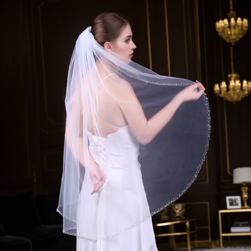 BRIDELLA BV128 Simple Single Layer Sparkling Sequin Bridal Veil Single Layer Transparent Mesh With Comb