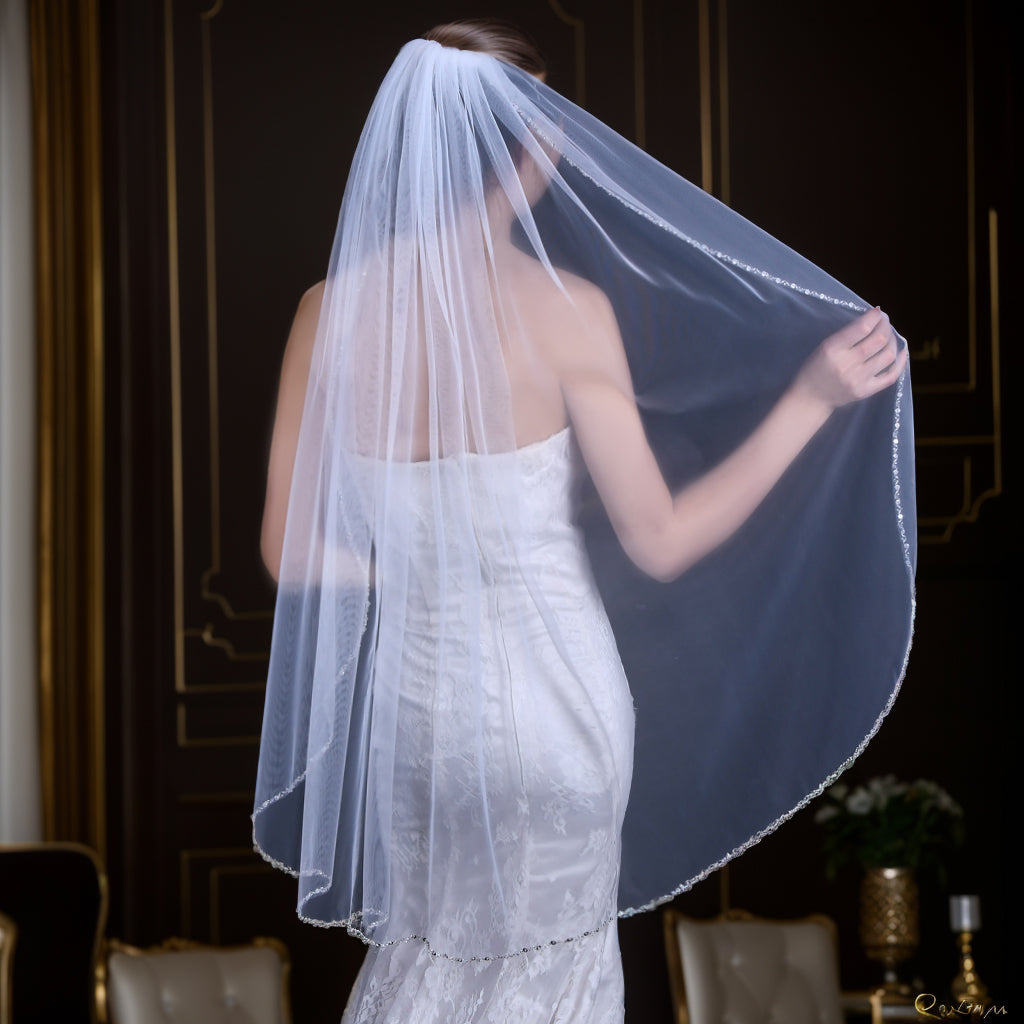 BRIDELLA BV155 Exquisite Hand-Beaded Bridal Veil, Single Layer Fingertip Length Mesh With Comb Wedding Dress