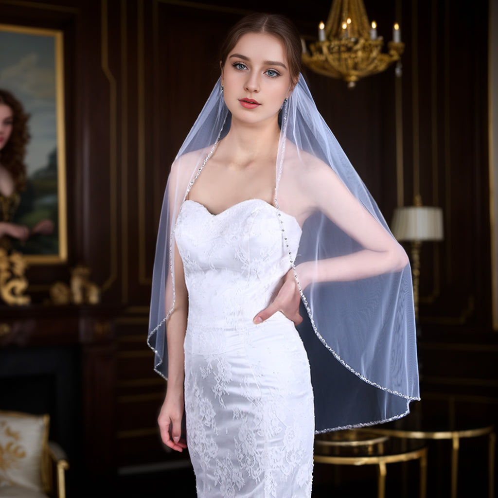 BRIDELLA BV155 Exquisite Hand-Beaded Bridal Veil, Single Layer Fingertip Length Mesh With Comb Wedding Dress