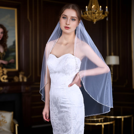 BRIDELLA BV155 Exquisite Hand-Beaded Bridal Veil, Single Layer Fingertip Length Mesh With Comb Wedding Dress