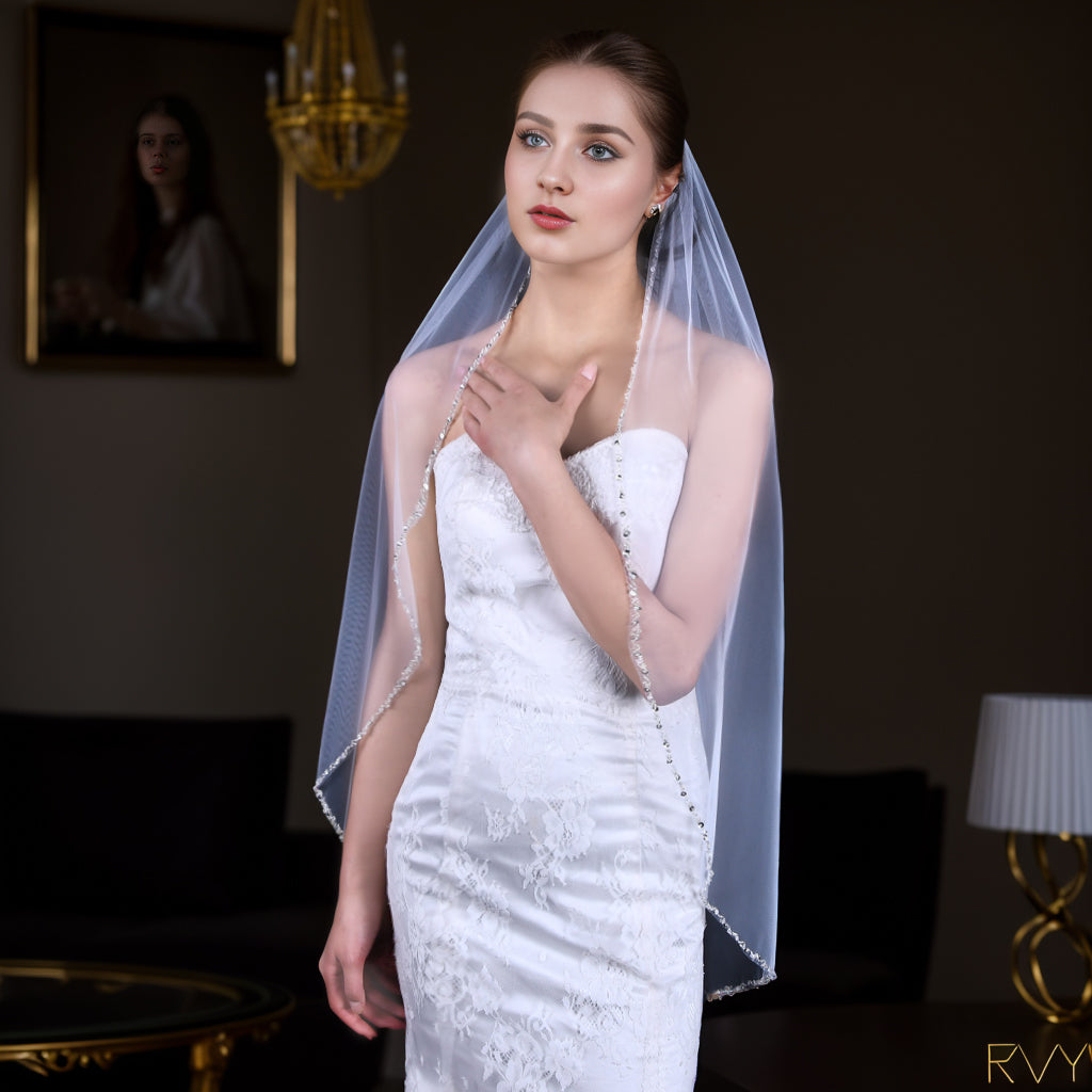 BRIDELLA BV155 Exquisite Hand-Beaded Bridal Veil, Single Layer Fingertip Length Mesh With Comb Wedding Dress